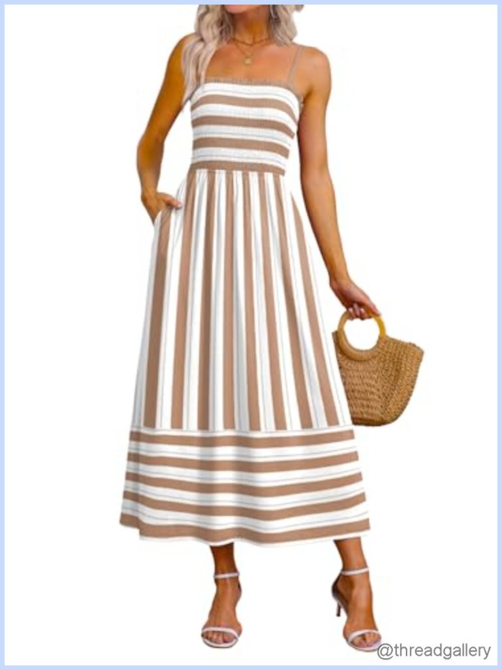 Spaghetti Strap Smocked Maxi Dress with Pockets Boho Beach Sundress